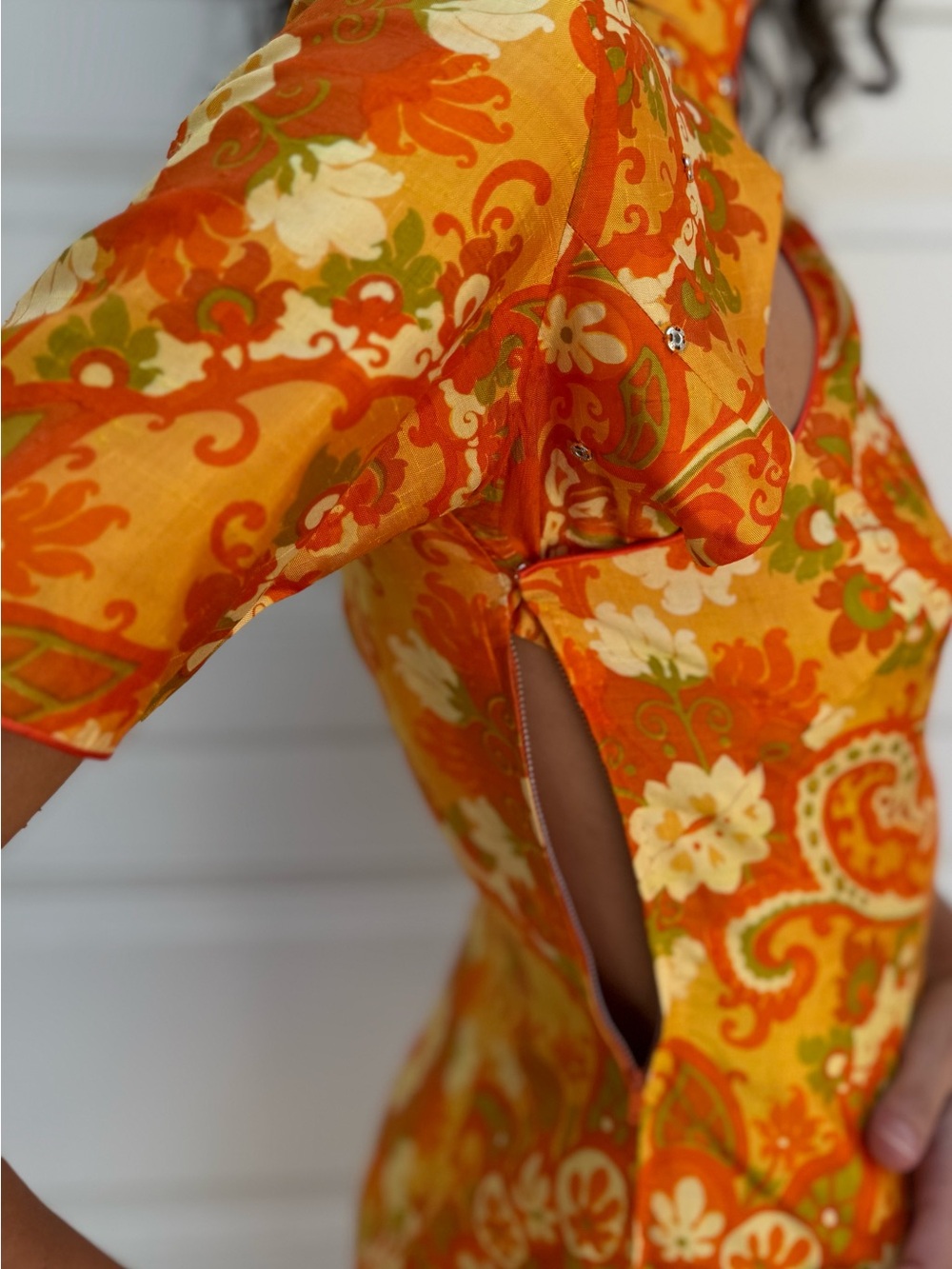 Vintage 60s Orange Raw Silk Floral Midi Dress Cheongsam with Jacket - Picture 17 of 17